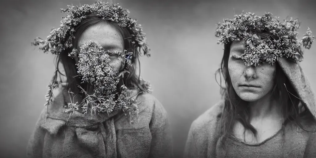 Prompt: portrait photography tyrolean female farmer, leaves and edelweiss growing from face, hay cloths, desaturated, fog, 1. 2 f, 3 5 mm, dark, antlers, 1 9 2 0 s ghost photography