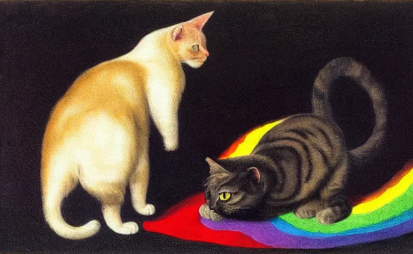 Prompt: a cat walking on a rainbow in the style of Caravaggio