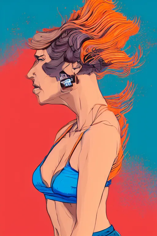 Image similar to a award winning half body portrait of a beautiful caucasian woman in a croptop and cargo pants with ombre orange blue teal hairstyle with head in motion and hair flying by will eisner, outrun, vaporware, digital art, trending on artstation, highly detailed, fine detail, intricate