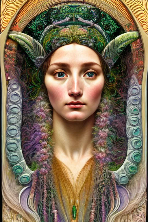 Image similar to hyperrealistic detailed face portrait of the beautiful goddess of the northern lights with an intricate headgear of a beautiful landscape, art by ernst haeckel, john william godward, android jones, alphonso mucha, h. r. giger, gothic - cyberpunk, ornamental, dimmed pastel colours,