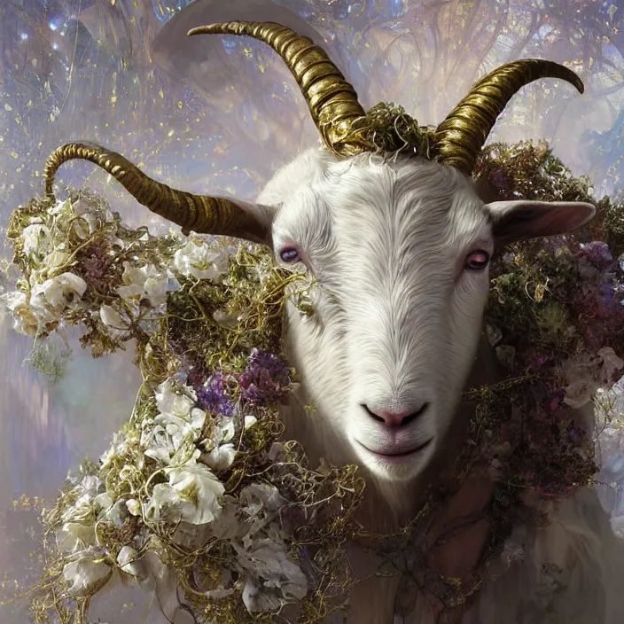 Image similar to hyperrealist portrait of a 2 0 4 4 space sport goat, it is decorated with long gold wires and white flowers that fall like vines and wears a huge computer crown. by jeremy mann and alphonse mucha, fantasy art, photo realistic, dynamic lighting, artstation, poster, volumetric lighting, dramatic light, very detailed faces, 8 k, award winning