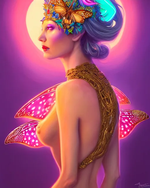 Image similar to portrait, stunningly beautiful female faerie priestess in amanita muscaria forest landscape, symmetrical wings on back, neon hair, wearing a dress of gossamer gold, inner glow, illustration, dramatic lighting, soft details, painting, art nouveau, octane render, 8 k, hd, by brom, faces by otto schmidt