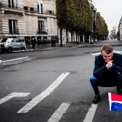 Image similar to a guy who looks like emmanuel macron urinate on a french flag in the street, 5 0 mm lens, street photography