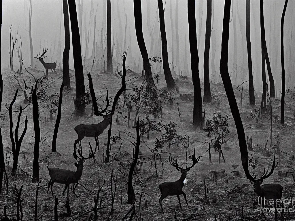 Prompt: Deer in the charred forest. Photograph by Sebastiao Salgado