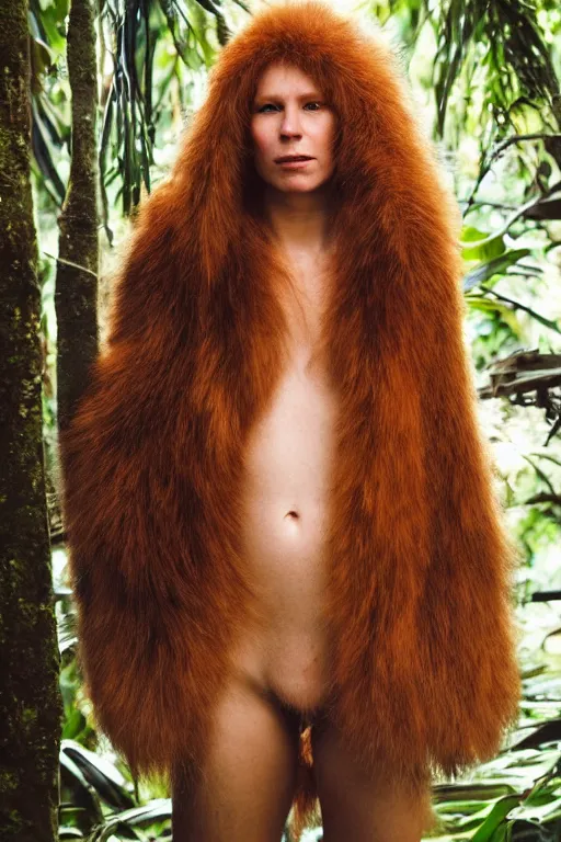 Image similar to a professional portrait photo of a neanderthal woman in the tropical jungles, ginger hair and fur, extremely high fidelity, natural lighting, national geographic magazine cover.