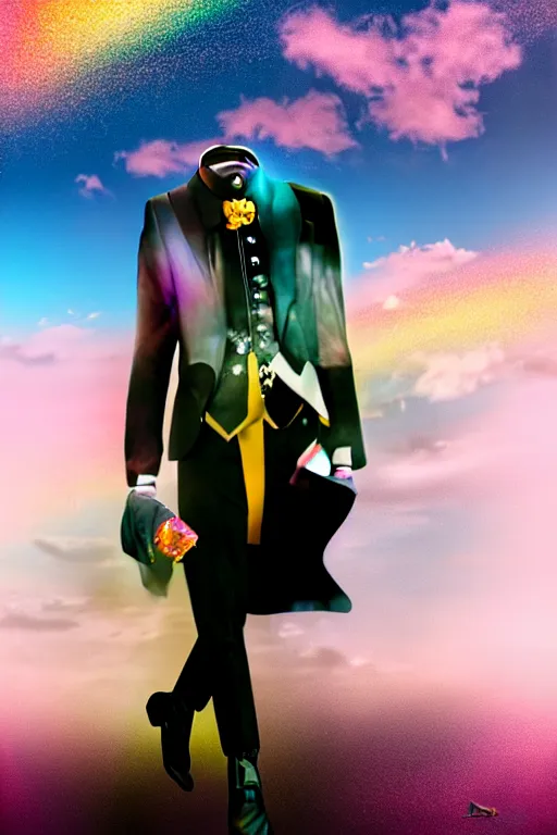 Image similar to Ethereal safari landscape with a pink rainbow sky under a god moonstone, black leather and embroidered Lolita dapper bespoke avant-garde tuxedo in velvet, black and gold rich color, dramatic cinematic lighting, featured on Artstation, extremely detailed by Lisa Frank