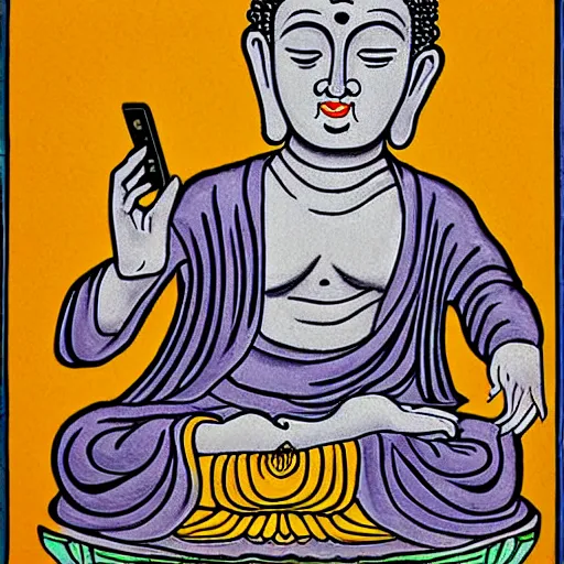 Prompt: buddha as a cool dude checking his smartphone