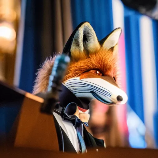 Image similar to a fox animal dressed in a suit giving a presidential speech, 8 5 mm f / 1. 4