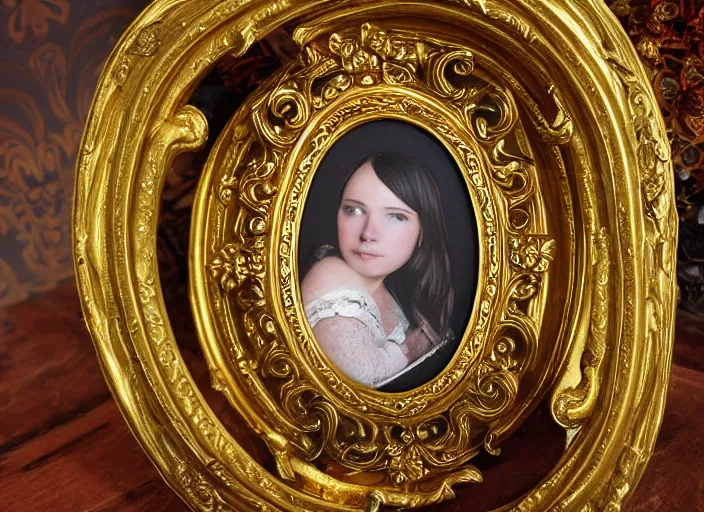 Image similar to beautiful baroque oval portrait picture frame, royal, gilded with gold, magical, fantasy, metallic, product photography