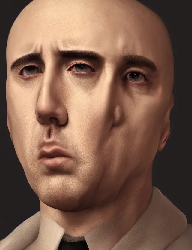 Image similar to portrait of bald nicolas cage neutral expression face straight on headshot even lighting no hair, trending on artstation