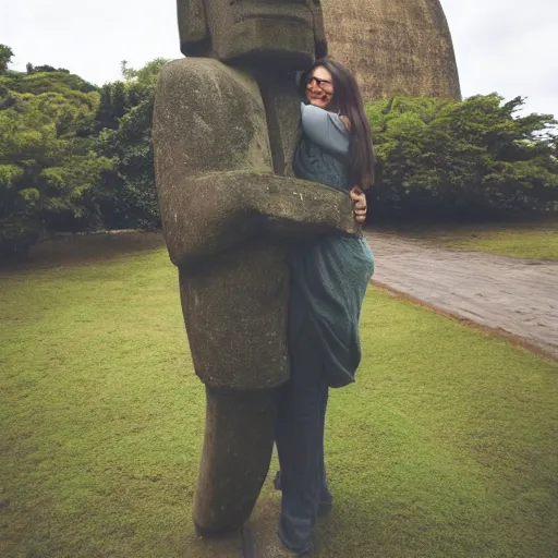 Prompt: a man hugging a giant moai statue