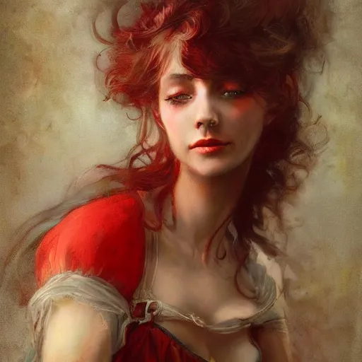 Image similar to Brian Froud and Jean-Baptiste Monge and Solomon Joseph Solomon and Richard Schmid and Jeremy Lipking victorian genre painting portrait painting of a young beautiful woman marverl DC comic book character fantasy costume, red background