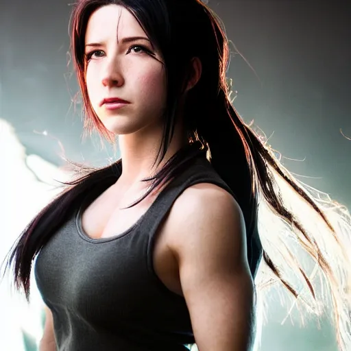 Prompt: Tifa Lockhart in real life, face centered portrait, Confident, fog, volumetric lighting, beautiful, golden hour, sharp focus, ultra detailed, by Leesha Hannigan, Ross Tran, Thierry Doizon, Kai Carpenter,Ignacio Fernández Ríos