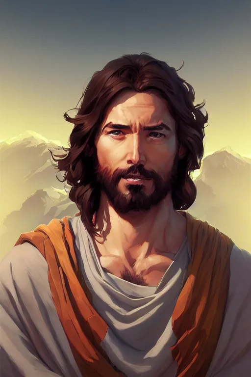 Prompt: portrait of jesus by artgerm, tooth wu, dan mumford, beeple, wlop, rossdraws, james jean, marc simonetti, artstation giuseppe dangelico pino and michael garmash and rob rey and greg manchess and huang guangjian and makoto shinkai