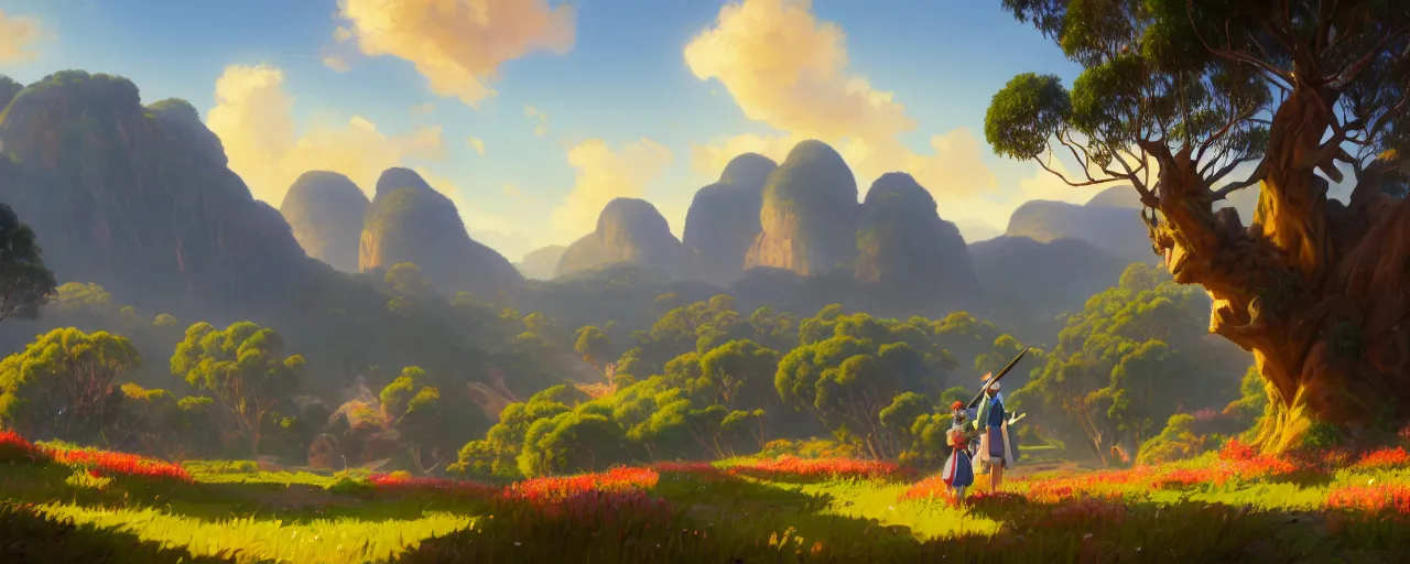 Prompt: australian impressionism landscape, pokemon sword and shield ghibli landscape illustration close floral clearing and mountains in the background, deep focus, d & d, fantasy, intricate, elegant, highly detailed, digital painting, artstation, concept art, matte, sharp focus, illustration, hearthstone, art by fire watch game and greg rutkowski, no characters