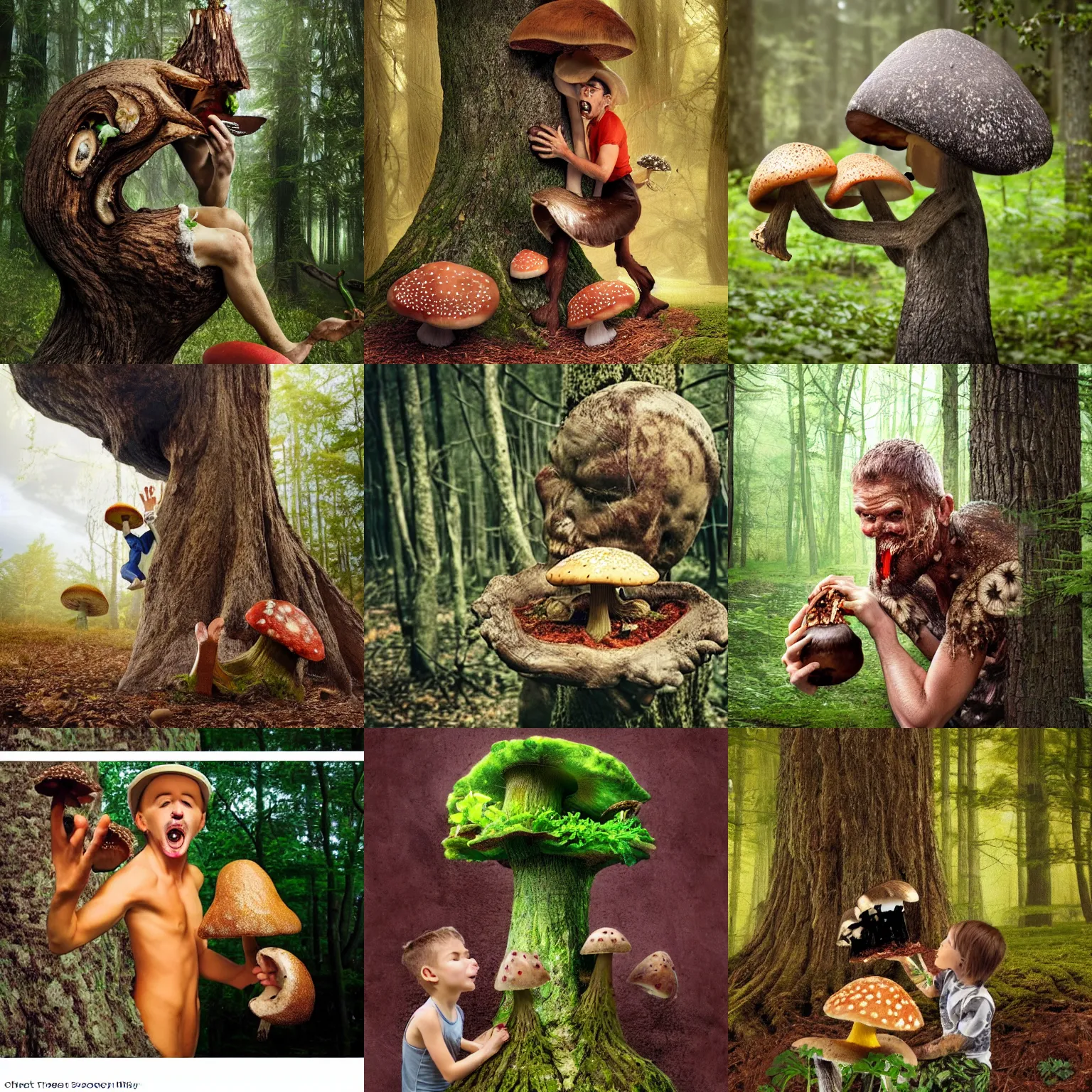 Prompt: photograph of a hungry treant savagely eating a mushroom man