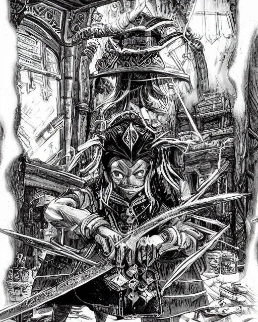 Image similar to A merchant selling treasuries and potions, high detailed store, black and white, fantasy art, goblin art, in the style of masami kurumada, illustration, epic, fantasy, intricate, hyper detailed, artstation, concept art, smooth, sharp focus, ray tracing