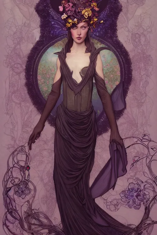 Image similar to full length portrait of a beautiful mysterious fairy with flowery headgear, no hands, by eve ventrue, michael carson, andreas rochas, john watkiss, casey weldon, artgerm. art nouveau. tarot card by mucha. gloomhaven. swirly intricate linework background. gaudy colors, sharp edges. octane render