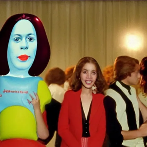 Prompt: live-action film a teenage girl with an inflatable cartoon head at the prom, and other students are laughing at her on the dancefloor, john waters film, 1974, technicolor