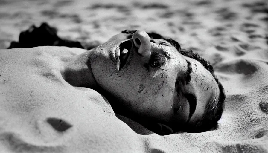 Image similar to 1 9 6 0 s movie still close up of marcus atilius regulus bloody eyes looking directly at the sun his body buried in the sand, cinestill 8 0 0 t 3 5 mm b & w, high quality, heavy grain, high detail, texture, dramatic light, anamorphic, hyperrealistic, detailed hair