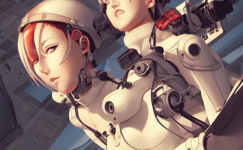 Prompt: pilot girl in her airplane, cyborg parts, anime style, occlusion shadow, specular reflection, rim light, unreal engine, range murata, artstation, pinterest, art by hiroaki samura and ilya kuvshinov and rossdraws, intricate, highly detailed 8 k, art deco illustration, extremely beautiful shape of face, neck, shoulders eyes