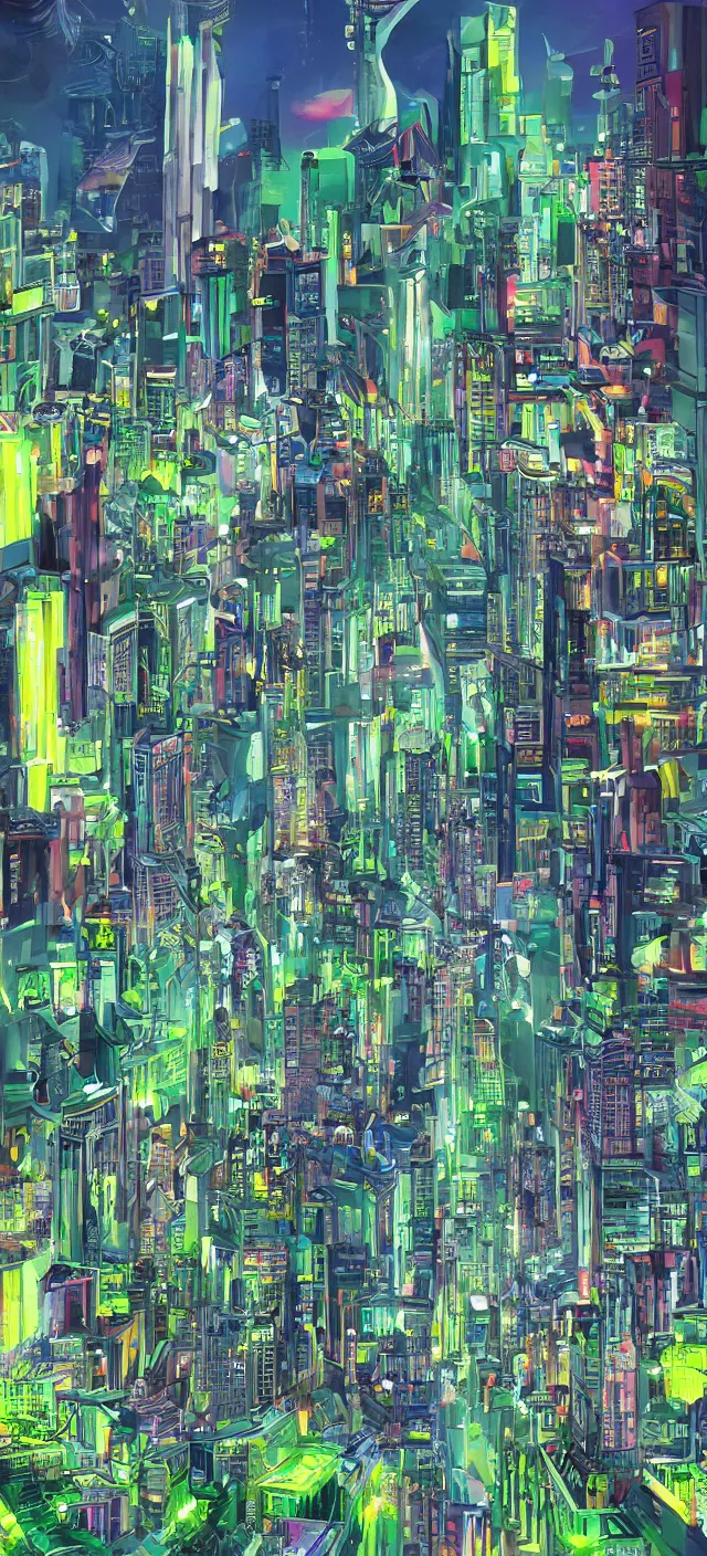 Prompt: a futuristic cityscape by bruno mangyoku, colorful, wide greenways