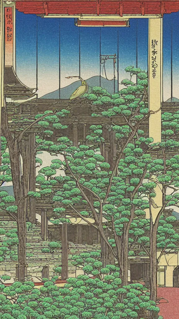 Image similar to a beautiful ancient bathhouse with a bathing alien creature in spring by hasui kawase