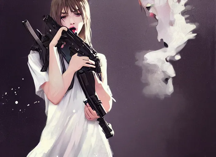 Image similar to white dress girl chasing from crazy grim reaper, holding a gun, messy hair, messy lines, scared face, beautiful and aesthetic and attractive and detailed face, dramatic situation, specular reflection, occlusion shadow, intricate, bokeh, box offic hit, masterpiece, by ilya kuvshinov and jeremy lipking and quentin mabille