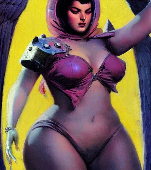 Image similar to portrait of plus size iranian female chaos angel, beautiful! coherent! by frank frazetta, by brom, strong line, vivid neon color, shining metal power armor, iron helm, high contrast, maximalist
