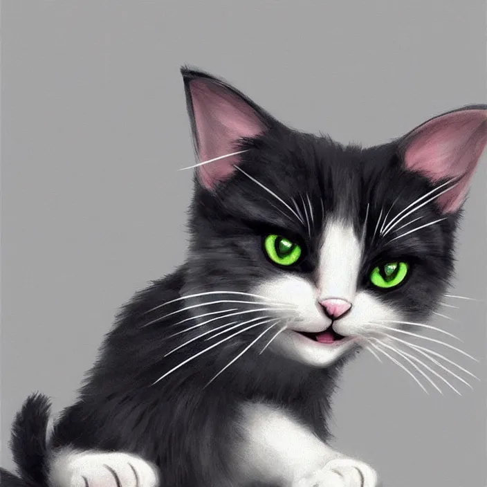 Image similar to cute cat of cheshire an adorable cat with black and blue stripes, shiny eyes and a big playful smile. award - winning digital art, trending on artstation