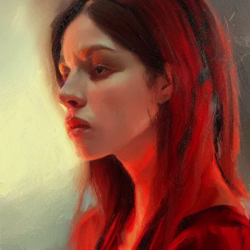 Image similar to a portrait of an intensely lit female, red, oil painting, pale colors, high detail, 8 k, wide angle, trending on artstation,