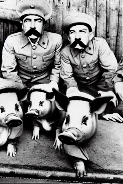 Image similar to piglets with stalin moustaches historical photo in color