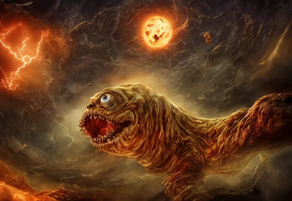 Image similar to eldritch horror bloody garfield in space, hd, 8 k, giant, epic, realistic photo, unreal engine, prophecy, powerful, cinematic lighting, destroyed planet, debris, violent, sinister, ray tracing, dynamic, epic composition, dark, horrific, teeth, grotesque, monochrome drawing, hellscape, corpses, foreboding, lightning, garfield cartoon eyes