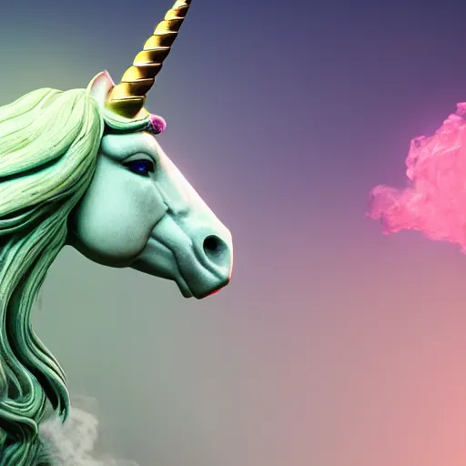 Image similar to a statue of a ramping unicorn sourrounding by a colorful smoke, victorian baroque, hyperrealistic, detailed, depth of field, High definition, 8k, depth of field, octane render, artstation