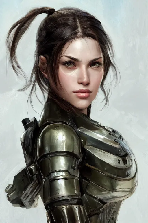 Image similar to a professionally painted portrait of an attractive young woman, clothed in military armor, olive skin, long dark hair, beautiful bone structure, symmetrical facial features, intricate, elegant, digital painting, trending on Artstation, concept art, smooth, sharp focus, illustration, from Metal Gear by Ruan Jia and Mandy Jurgens and Artgerm and William-Adolphe Bouguerea, award winning