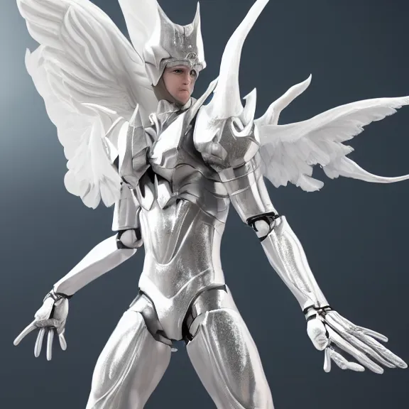 Image similar to cinematic full body shot of a male angel flying over hell, white metallic armor, elegant pose, flying, detailed arms, detailed white armor, two arms, two legs, detailed fanart, macro art, realistic digital art, DeviantArt, artstation, 3D realistic, 8k HD, octane render