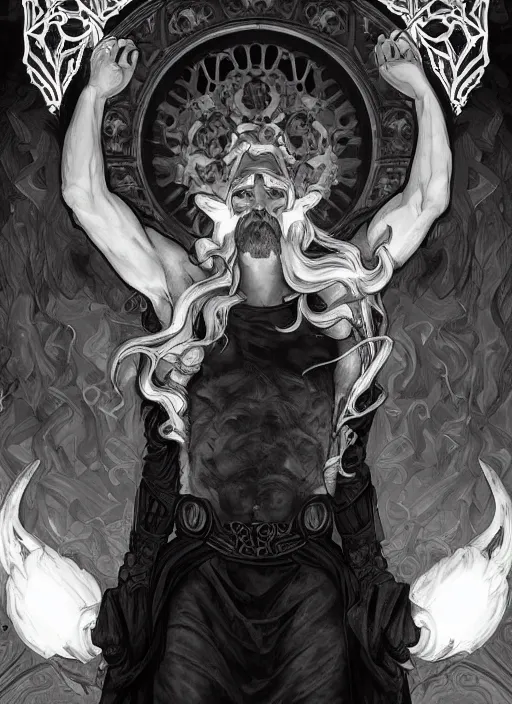 Image similar to the god hephaestus, gigachad, ash hair, glowing eyes, volumetric lights, black and white scheme, art nouveau botanicals, gothic, intricate, highly detailed, digital painting, artstation, concept art, smooth, sharp focus, symmetric face, illustration, art by artgerm and greg rutkowski and alphonse mucha