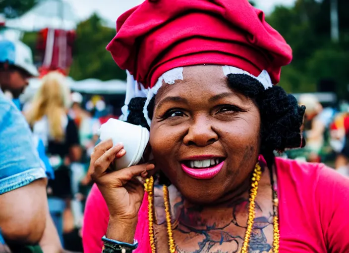 Image similar to photo still of aunt jemima in period attire at vans warped tour!!!!!!!! at age 4 0 years old 4 0 years of age!!!!!!! on stage pouring maple syrup on the crowd, 8 k, 8 5 mm f 1. 8, studio lighting, rim light, right side key light