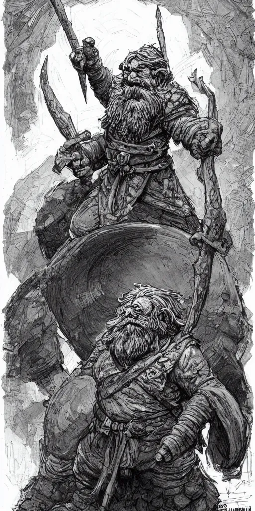 Image similar to concept art, aged dwarf stonemason warrior character, poster style, by paul pope, travis charest, gustave dore, hiroshi yoshida, moebius, artgerm, cinematic