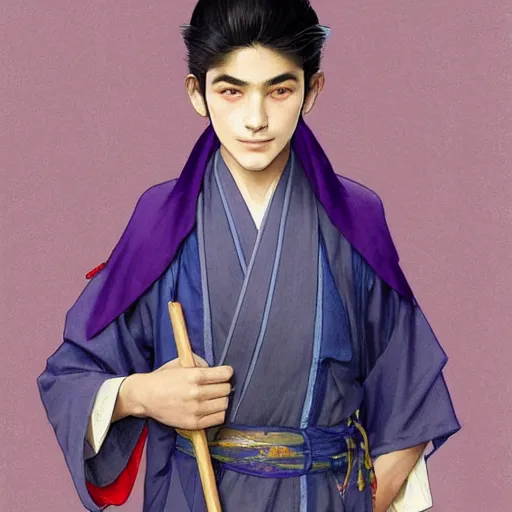 Image similar to teenager boy with straight indigo hair, purple eyes with red eye markers, slim body, wearing a detailed japanese kimono. modern, realistic, looking at the camera, enjoying life!!! elegant, highly detailed, digital painting, artstation, concept art, matte, sharp focus, illustration, art by artgerm and greg rutkowski and alphonse mucha