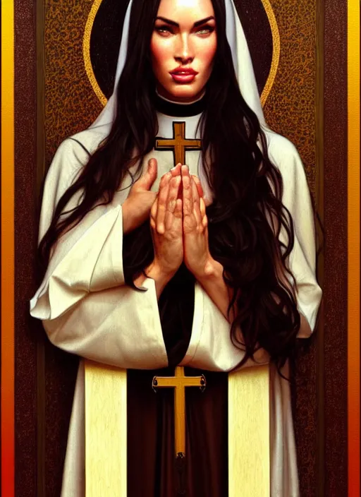 Image similar to portrait of megan fox as a sultry nun, catholic, church, bible, christianism, praying, intrigante, headshot, highly detailed, digital painting, artstation, concept art, sharp focus, cinematic lighting, illustration, art by artgerm and greg rutkowski, alphonse mucha, cgsociety