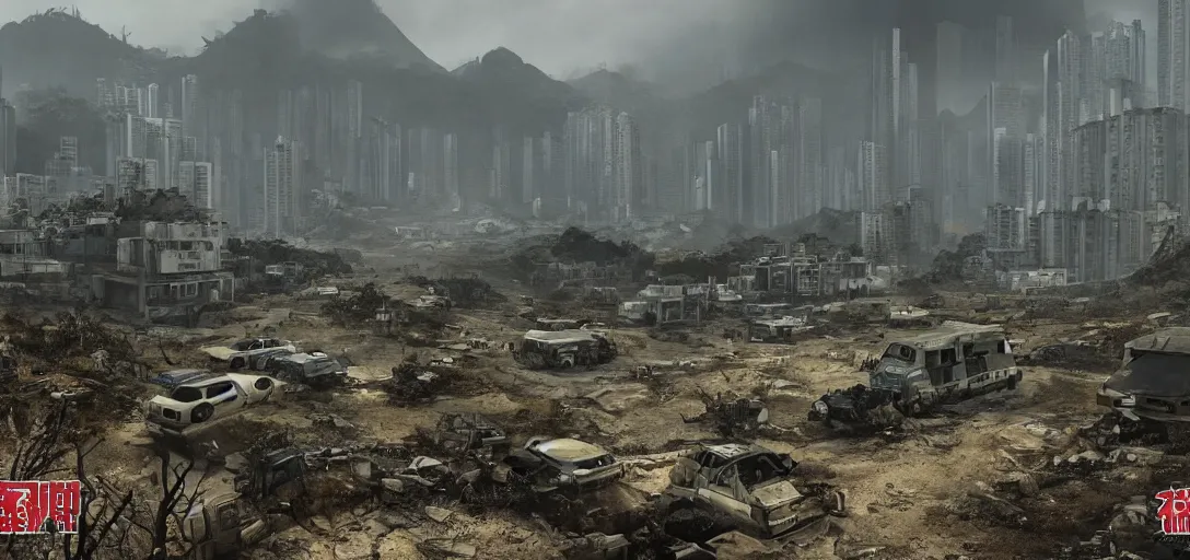 Prompt: A photorealistic and highly detailed landscape of post apocalyptic Hong Kong set in the Fallout Universe