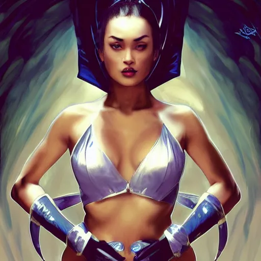 Prompt: Kitana from Mortal Kombat, highly detailed, digital painting, artstation, concept art, smooth, sharp focus, illustration, ArtStation, art by artgerm and greg rutkowski and alphonse mucha and J. C. Leyendecker and Edmund Blair Leighton and Katsuhiro Otomo and Geof Darrow and Phil hale and Ashley wood and Ilya repin and Charlie Bowater