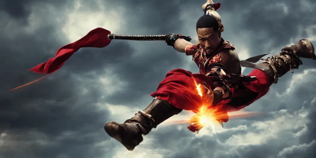 Image similar to a film still of a light skinned black man starring as an ancient samurai flying doing a flying kick, japanese blockbuster film, the sky is red, shallow depth of field, cinematic, award winning cgi, vfx, film still