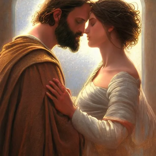 Image similar to jesus kissing a sensual woman in jerusalem, elegant, highly detailed, digital painting, artstation, concept art, matte, sharp focus, highly detailed, 4 k, hdr, smooth, sharp focus, high resolution, award - winning photo, photorealistic, art by artgerm and greg rutkowski and alphonse mucha, large shot