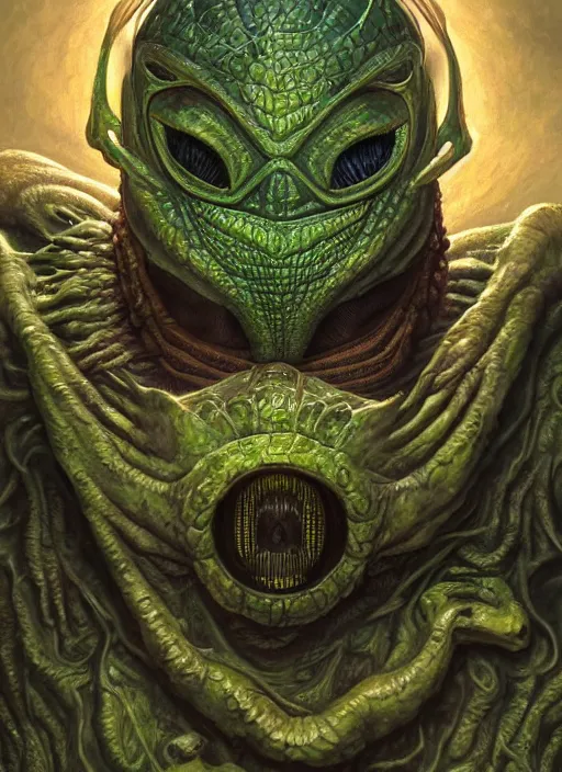 Image similar to duncan trussell mf doom reptile eyes, green skin. intricate, elegant, highly detailed, centered, digital painting, artstation, concept art, smooth, sharp focus, illustration, artgerm, tomasz alen kopera, peter mohrbacher, donato giancola, joseph christian leyendecker, wlop, frank frazetta