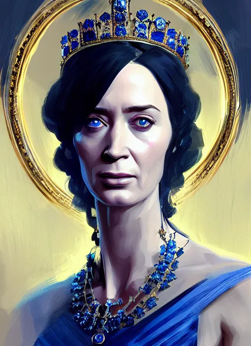 Image similar to portrait of emily blunt as arrogant queen, jewelry, greek, sapphire, victorian age, 1 8 9 0, intricate, headshot, key visual, conceptart, ambient lighting, highly detailed, digital painting, artstation, concept art, sharp focus, by makoto shinkai and akihiko yoshida and greg manchess