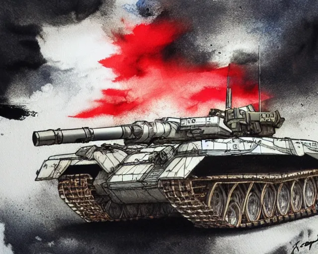 Prompt: Yoji Shinkawa's 'real life M1 Abrams Tank with red kiss mark on front', ink and colours on silk, trending on pixiv, action shot, closeup, monochrome, watercolour