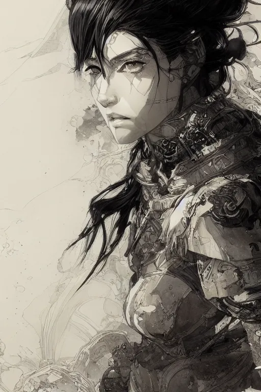 Image similar to portrait of anime woman warrior, pen and ink, intricate line drawings, by craig mullins, ruan jia, kentaro miura, greg rutkowski, loundraw