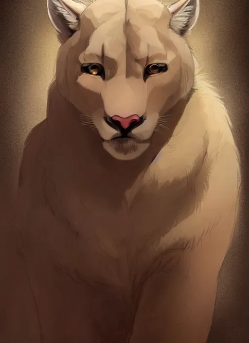 Prompt: beautiful portrait commission of a male furry anthro albino mountain lion wearing miner's clothes in the western frontier. Atmospheric. Character design by charlie bowater, ross tran, artgerm, and makoto shinkai, detailed, inked, western comic book art